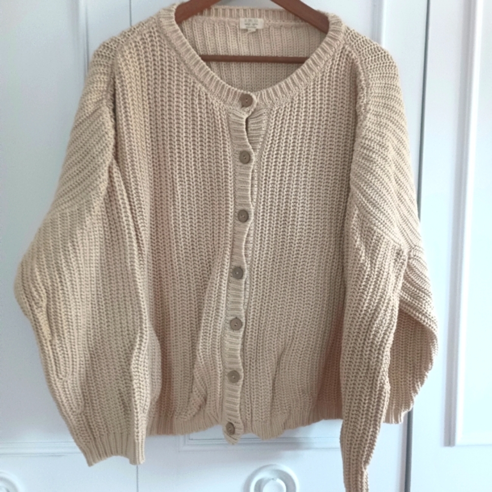 Chunky Knit Button-Front Cardigan Sweater in Beige